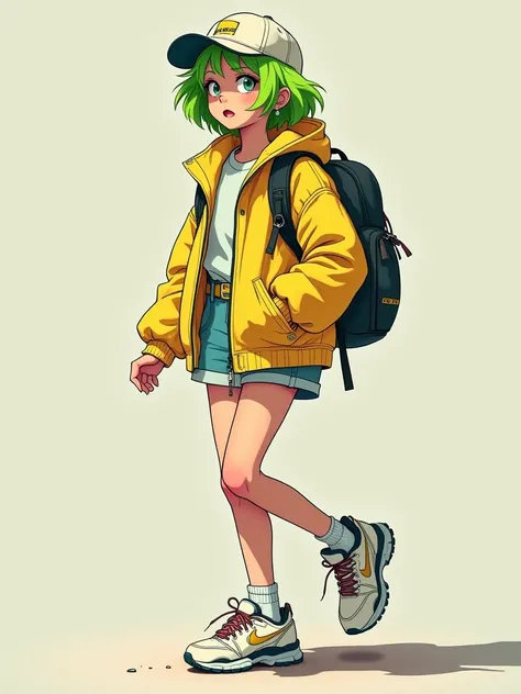 Boyish female middle school student in 80s fashion　lime green hair shortcut　Wear a sweatshirt, shorts, and nylon jacket for running shoes　Wearing a cap and carrying a rucksack

