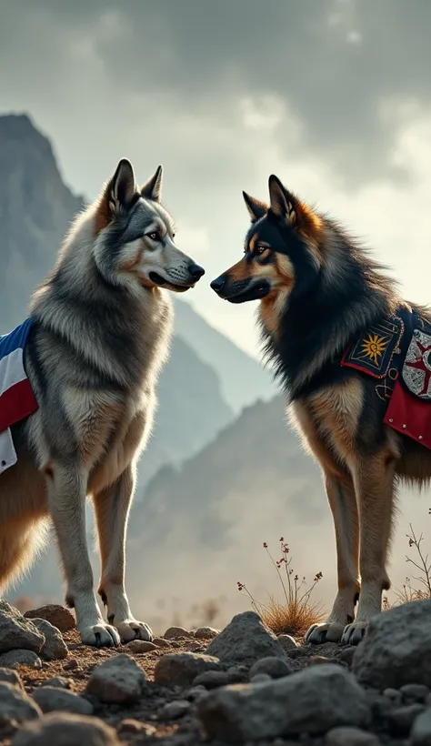 **"A highly realistic, full-body depiction of two powerful dogs representing Slovenia and Kyrgyzstan, standing face to face in an intense battle stance.

The Slovenian dog is a mighty and resilient Karst Shepherd, a large, muscular guardian breed with a th...