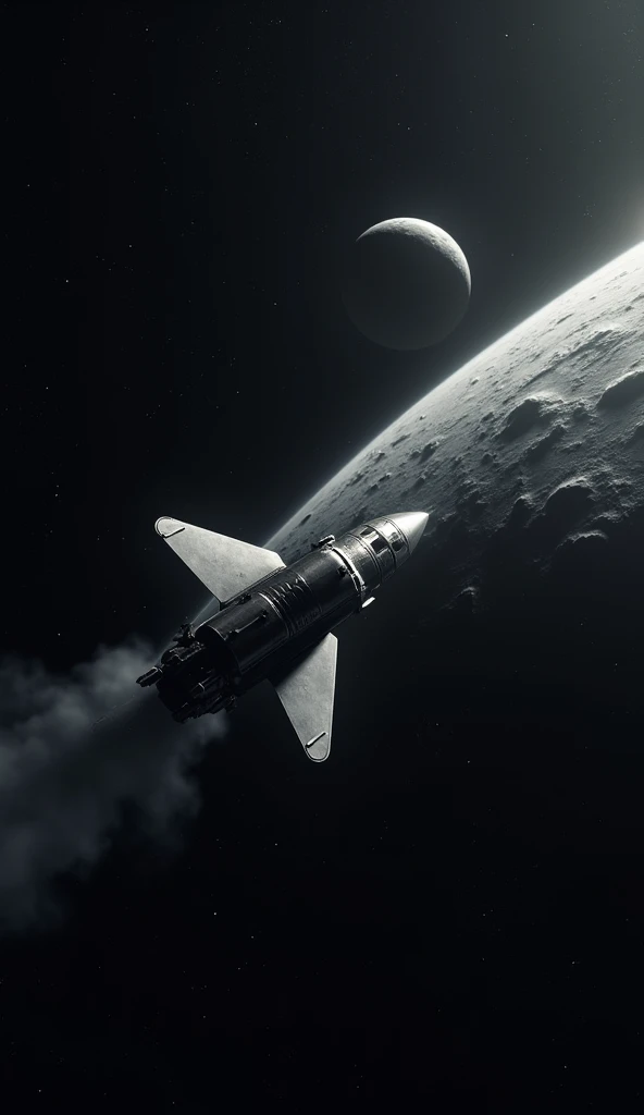 A nuclear bomb heading towards the moon, missile traveling in space towards the moon, background, some star. 