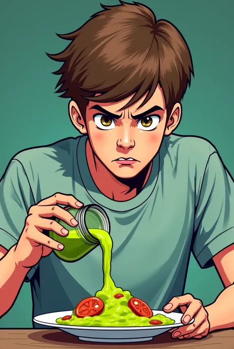 Make a comic-like image of a brown-haired young man who is very nervous pouring green liquid out of a small jar into a meal, Everything is very suspicious 