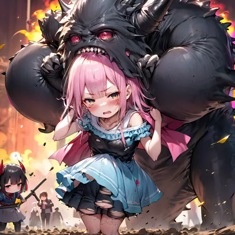 少女のwhole bodyが見える,   ( monstersが女の子をリンチします  、    the girl has a distressed expression   、少女と  monstersの戦い ,   monsters catch the girl and lift her up,   monstersに噛まれる女の子:1.9)   ,  the girl is crying  ,    ( she's full of wounds :1.4) , The girl has an expr...