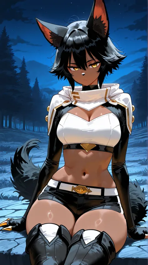 Perfect eyes,  perfectly sexy face ,  extremely detailed,  looking at the spectator,  wide hips , black hair with white details ,  golden eyes,  short hair,  hair between the eyes , animal ear,  animal ears ,  animal nose, ( pele negra:1.2), short top, ( h...