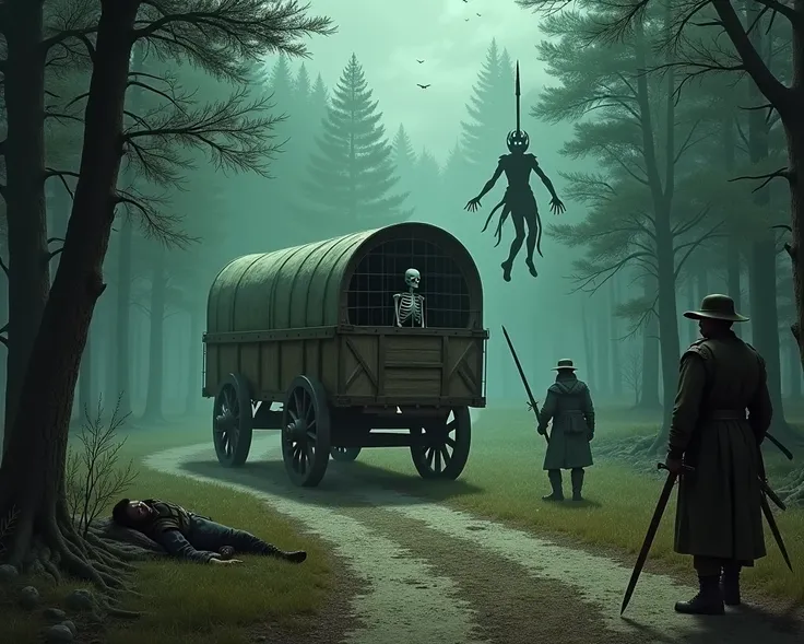 A dirt road surrounded by a dense dark green forest,  with a dark and mysterious atmosphere . In the center of the scene,  an old, broken wagon , without horses,  with a rusty wooden cage . inside the cage,  a skeletal prisoner , an undead skull ,  wearing...