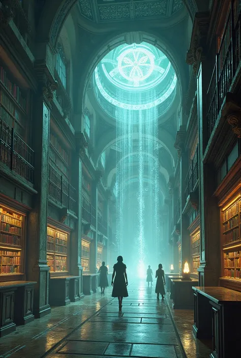 A library in a space like alternate dimension through a futuristic gate in a futuristic world