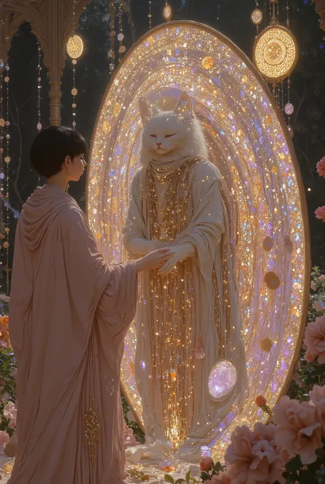 (photorealism:1.2), In this magical and ethereal scene, the giant, fluffy white cat floats serenely, its massive paws holding a sword fish, like holding sword, while beneath it, a mystical ritual unfolds. The beutiful sorcerer girls with long hair, dressed...