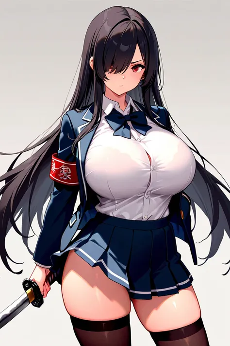 8k,masterpiece, best quality, ultra detailed, high resolution, super fine illustration, 1girl, solo, red eyes, black hair,long hair, hair over one eye, sidelocks,huge breasts, school uniform, jacket, collared shirt, bowtie, miniskirt, thighhighs, arm band,...