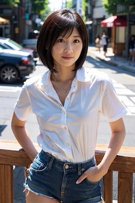 35-year-old Japanese woman with small breasts and short black hair、Open chest shirt and miniskirt、 cafe