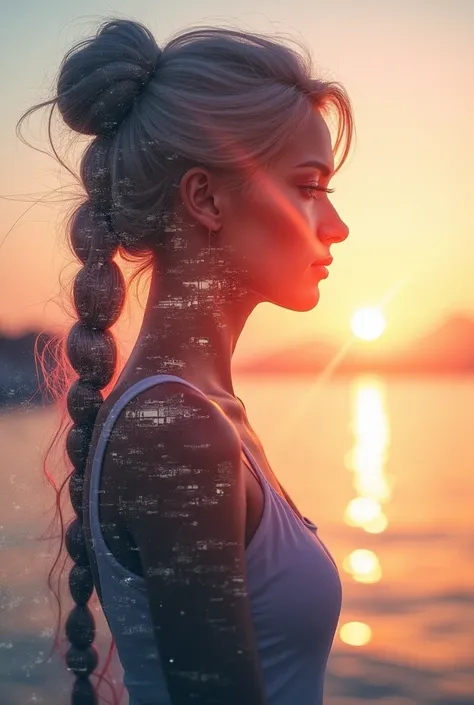 high quality, 8K Ultra HD, A beautiful double exposure that combines an goddess silhouette with sunset coast, sunset coast should serve as the underlying backdrop, with its details incorporated into the goddess , crisp lines, The background is monochrome, ...