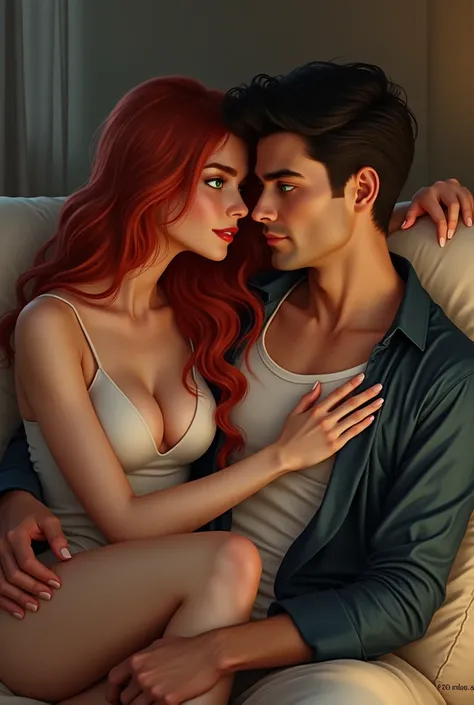  beautiful woman ,  with red hair and green eyes , Sitting on the legs of a handsome man with black hair and blue eyes,  Attractive man. 