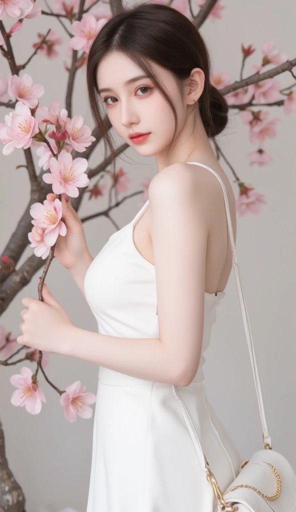 An elegant beautiful young girl with smooth pink skin she is wearing a white dress standing next to a blooming peach tree behind her back is the background of a felt-tip pen congratulating the New Year and on the handle takes a branch of peach flowers prep...