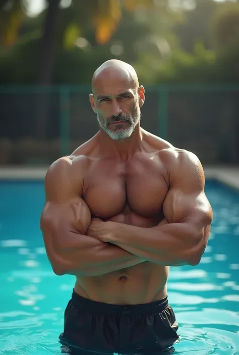 adult handsome muscule swimmer man in the pool. the pool with wather and sun in backround. gypsy taned man, long platinum hair and bald
masterpiece, best quality, high resolution, close-up portrait, male focus, solo focus, muscular, strong, bodybuilder, bo...