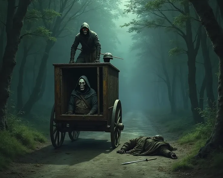 A dirt road surrounded by dense dark green forest, with a dark and mysterious atmosphere. In the center of the scene, an old, broken cart, without horses, with a rusty wooden cage. Inside the cage, a skeletal prisoner, an undead skull, wearing hooded rags,...