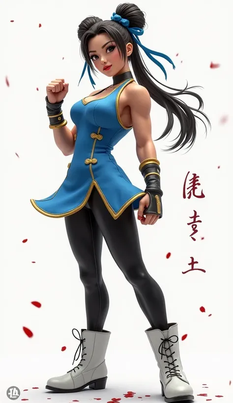 " } Chun-Li's hyperrealistic portrayal of Street Fighter  ,   captured in wide shots to show her entire body  .   She wore her iconic blue qipao dress with gold accents and white boots  . The dress was short  ,  faded black tight pants,   which was tight a...