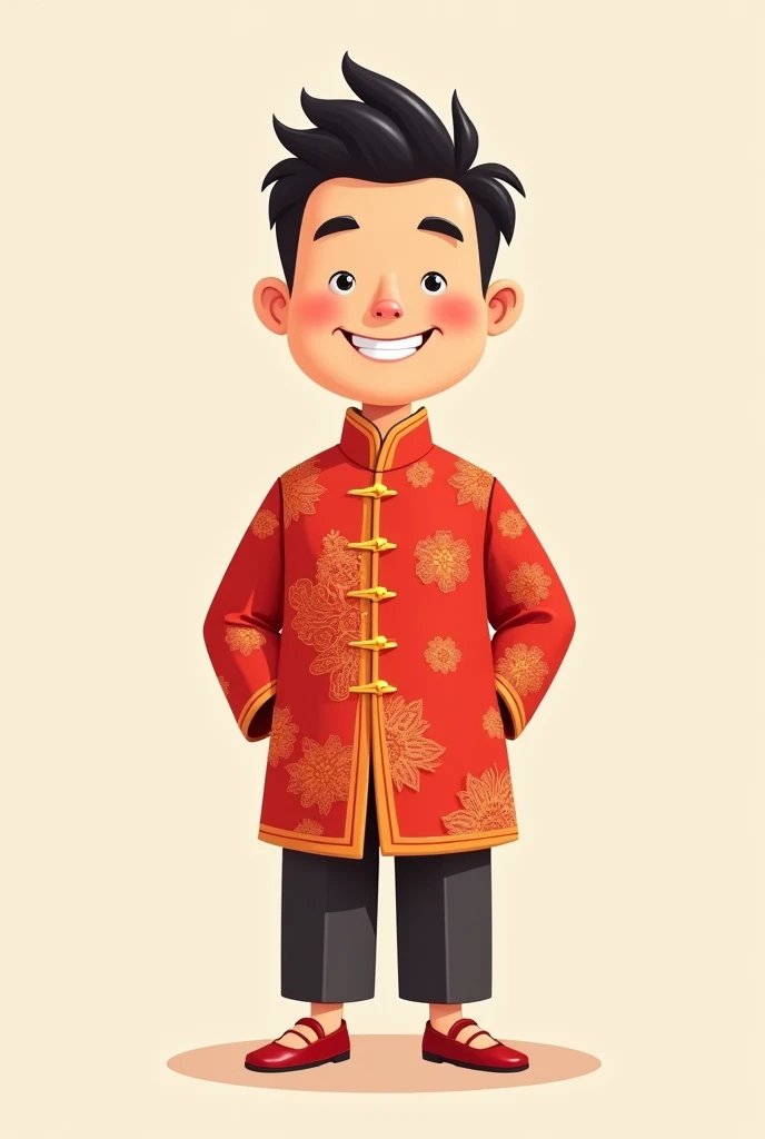 Cartoon Man in Red Chinese New Year Dress Standing Alone