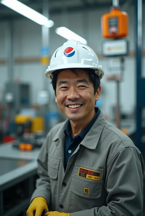 a Japanese engineer wearing a white helmet at work smiling