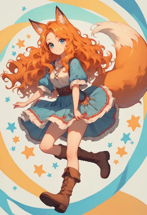  masterpiece,  High quality,  1 Female, simple bottom ,colorful,pleated skirt,cute medieval clothes, smile,cute, full body,cute boots, orange hair, blue eyes, wavy hair, Fox ears, fox tail 