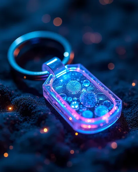 luminous key chain, microscopic view,illustration,highres,ultra-detailed,sharp focus,vivid colors,studio lighting,magnified view,shining light,macro lens,molecular structure,translucent,glowing,miniature,neon glow