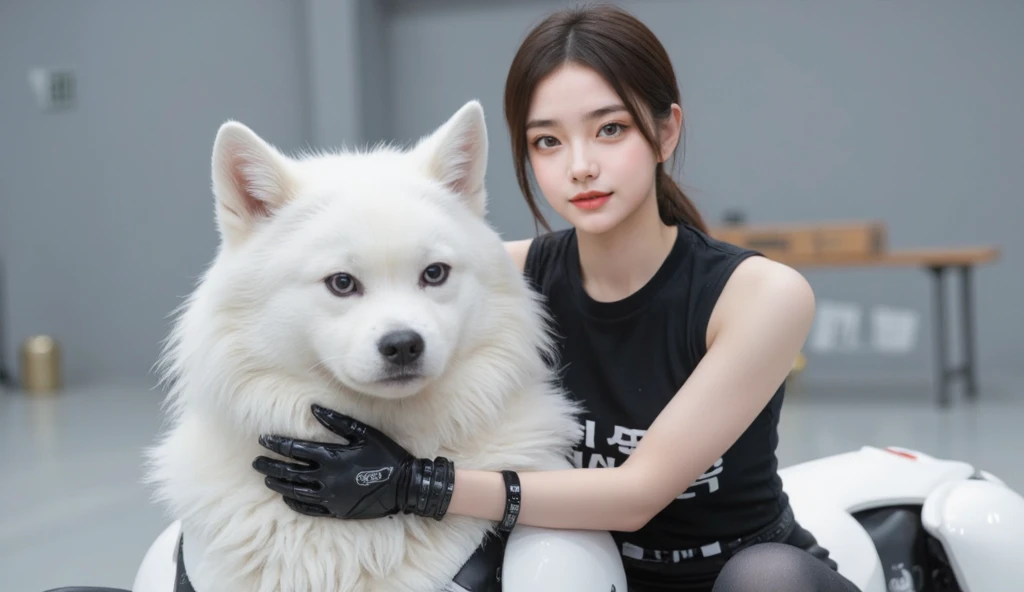 Wearing black sleeveless power rangers training gear on her shoulder sitting a white wolf robot, she is looking at it and smiling, training arena background, Korean girl 19 years old, hugging the robot, looking towards viewer 