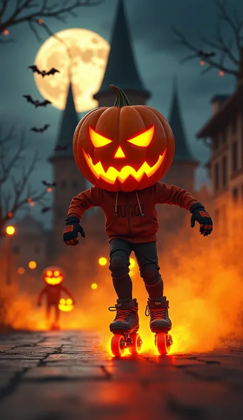 pumpkin,  using inline skates with glowing luminous wheels, gloves and knee pads , Full Moon Church, pumpkins, calaveras, realistic bats,  moving at speed in the city at night, Orange smoke the entire animated image 2 d