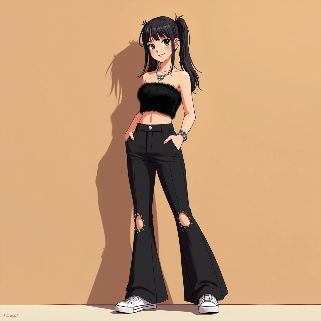 Draw an anime avi style full body high resolution shot of a girl wearing black fluffy tubetop paired with flared black pants with cuts .., she's donning the look with diamond jewellery modernity,, hair is sleek tied pigtails .. gorgeous LA girl ..white Con...