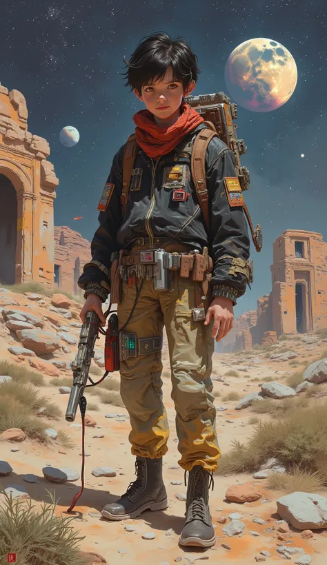Full body of a s -boy with the free and restless spirit of someone who has never known limits. His messy black hair is partially covered by a worn red scarf, and his clothes combine reinforced dark jackets with pieces of space suits collected during his e...