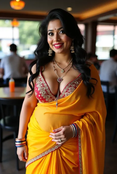 Fit,full  yallow saree wear, Big lips, full body picture , curvy, wet Desi woman showing her big ass  in sexy THONG pattern sexy  lingerie and showing cleavage and in nose ring, many bangles in hands,earings, necklace ,lipstick ,navel,Indian, Chubby, showi...