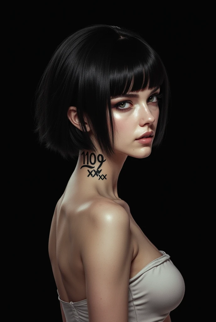 Women,  black hair, with a tattoo on the back of the number 1109 and the initials XXX underneath,  black background