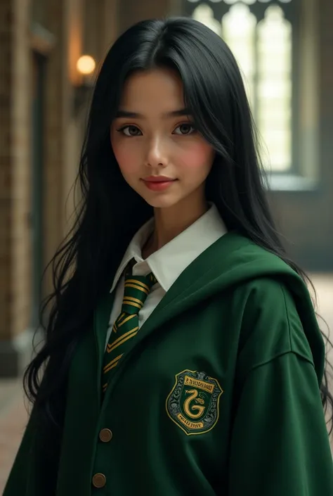 Create a 3D image that looks real A Slytherin girl with a very beautiful face, ala Indonesian girls, exudes an aura of intelligence and assertiveness typical of Slytherin. Her face is smooth, with neurmal undertone skin, adding an elegant impression. Her e...