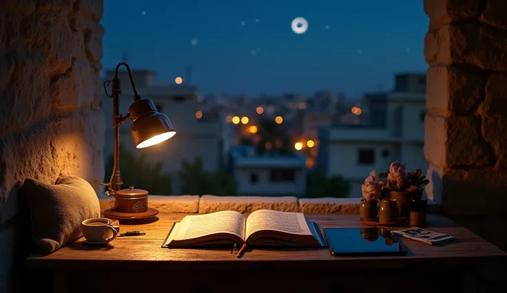  A comfortable work desk at night ,  located on the balcony or terrace of a house in Palestine .  The exterior view features typical Palestinian housing with sturdy stone buildings ,  some of which is steaming a dark lamp .  In the distance ,  night sky de...