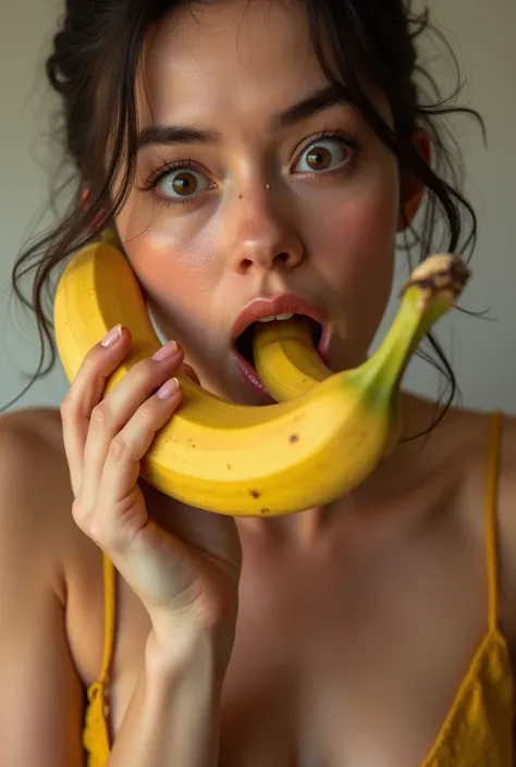 Putting banana in and out from mouth