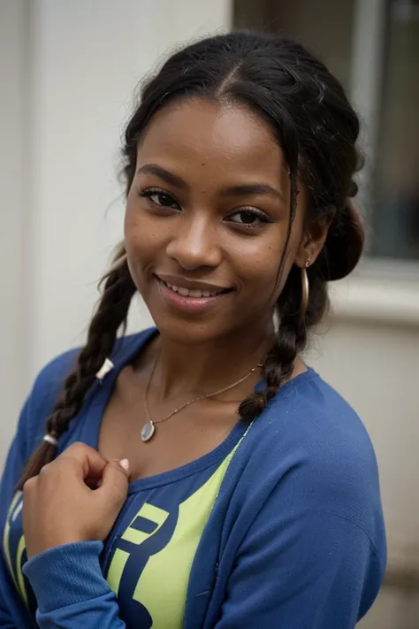 African black woman, very dark ebony skin, smile, dreadlocks chignon, Fitness musclular body, blue tracksuit , close-up portrait, from face, street Block 