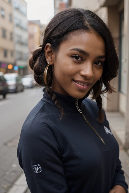 African black woman, very dark ebony skin, smile, dreadlocks chignon, Fitness musclular body, blue tracksuit , close-up portrait, from face, street Block 