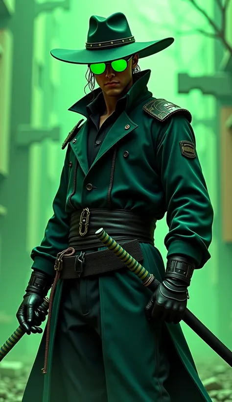  A man with a hat and glasses holding two swords,  superhero black and blue pants ,  cyberpunk superhero ,  super cool cyberpunk samurai green ,  portrait of a cyberpunk samurai ,   cyberpunk wild west  , , anime rudo 8K,  anime cyberpunk 8 k ,  dark fanta...