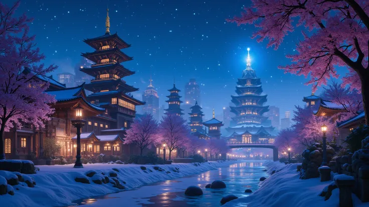 Beautiful fantasy night cityscape, winter,   intricate and detailed architecture , Towering pagodas , Glowing lantern, Cherry Tree,  blue future ,   dreamy atmosphere  ,  vibrant colors,  Dramatic Lighting,  cinematic composition ,  artistically stylized ,...