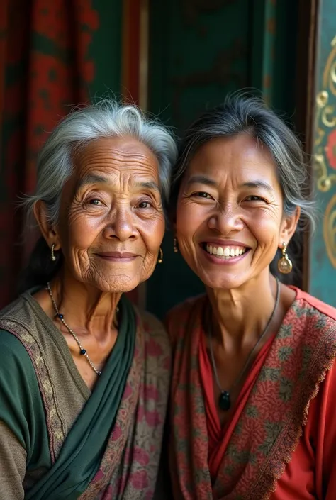 create realistic images showing Indonesian women who are twins. The other looks old and happy., The other woman is young and happy.