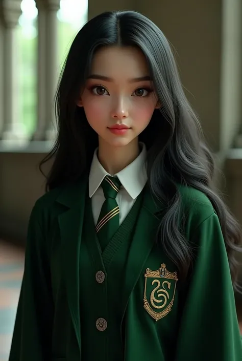 Create a 3D image that looks real A Slytherin girl with a very beautiful face, ala Indonesian girls, exudes an aura of intelligence and assertiveness typical of Slytherin. Her face is smooth, with neurmal undertone skin, adding an elegant impression. Her e...