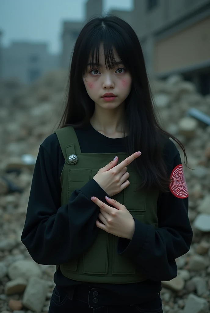 A 20 year old Japanese age girl,Black long sleeve casual t-shirt,Red round lollipop logo on the upper arm,Army green bulletproof vest,Silver colored eyeballs,Long straight hair with straight bangs,Black casual trousers,Two finger ninjutsu pose on one hand ...