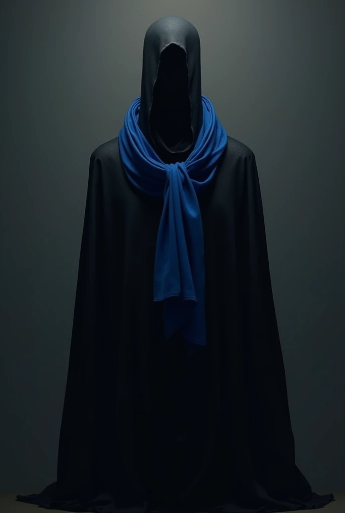 Create a totally black man, without mouth, nose, eyes, with a blue scarf .