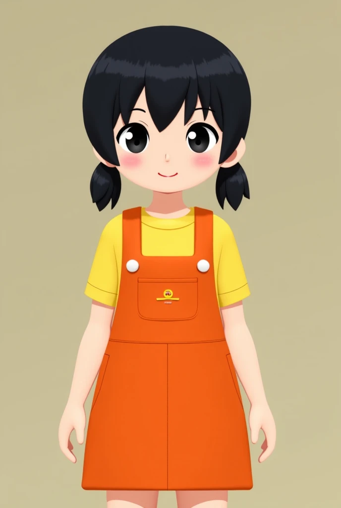 Create a figure inspired by Younghee from Squid Game. She has short pigtails, bangs, and black hair. She wears an orange overall dress with a yellow T-shirt underneath. Incorporate Thai elements into the design.