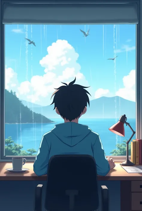 An anime-style young man is sitting in front, wearing a light blue hoodie, with his hands clasped together. He is seated on an office chair. Behind him, a large window reveals a scenic view of the ocean, mountains, and birds flying in the sky. Raindrops ar...