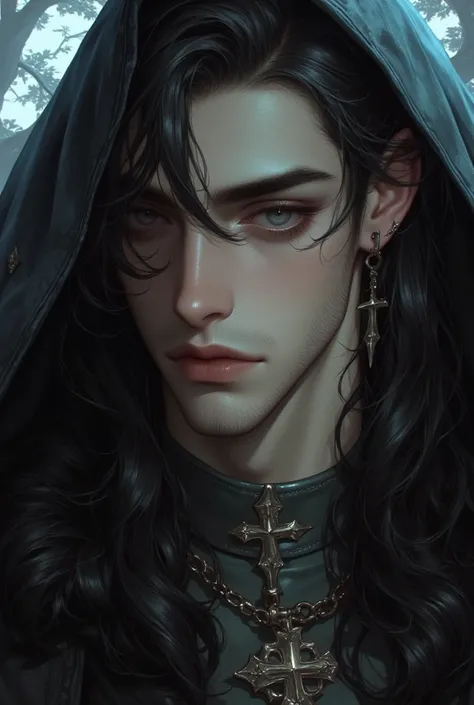  close-up of a man with long hair and blue eyes,  digital art  от Бернардино Мей, tumblr,  digital art ,  beautiful stunning realistic,  handsome man,  handsome man, wonderful dark hair ,  beautiful male face ,  handsome young man ,  long dark hair ,  with...