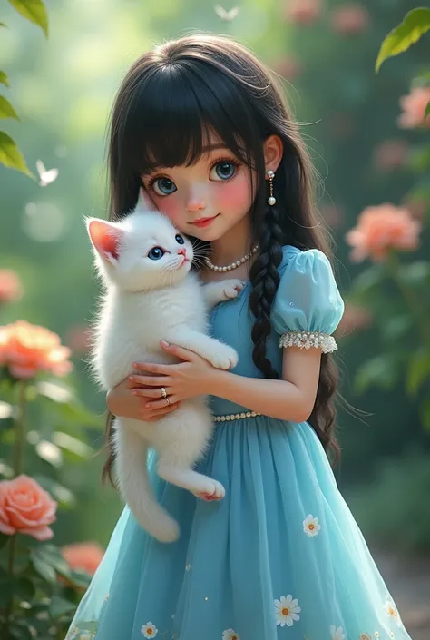 girl, high nose ,straight ,tender beauty ,princess dress ,Black hair,jade blue eyes,  color dress with pearl ring,blue dress,hand hugging white kitten,stand, in the beautiful garden,There are many eagles., little white birds, Beau la 