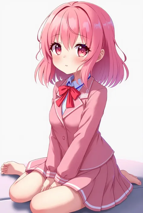  Make an anime character, With pink hair and pink eyes, With pink Japanese school uniform.  sitting showing feet, long hair, With a pink aura around it 