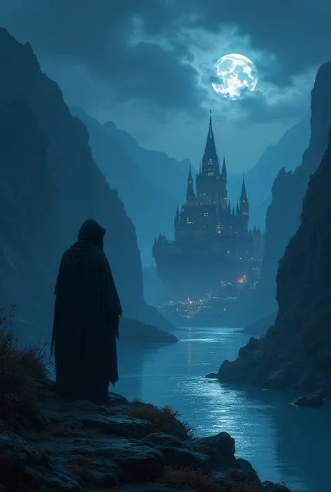 Create an image for the cover of a book called the shadows of the abyss on a mountain near a river you will see a hooded shadow and in the distance you will see the radiant lights of the city with the floating castle the castle is good so it has to be illu...