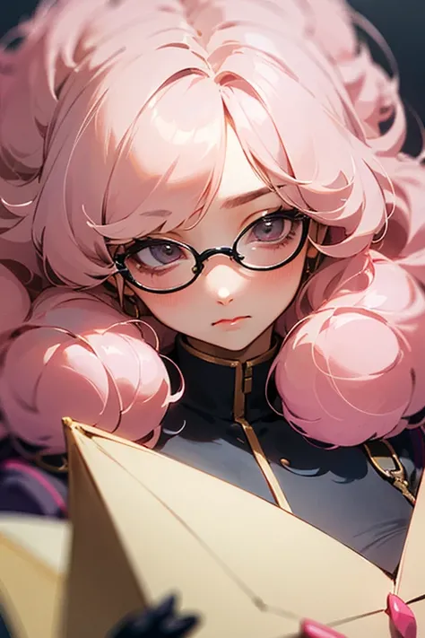 (( borrowed letter )), (( masterpiece)), ( detailed),  a young woman with very voluminous curly hair in the color pastel pink, wearing glasses and with a shy personality 