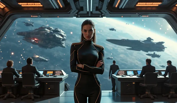 A determined female officer in a sleek, futuristic black and gold uniform stands with arms crossed on the bridge of a massive starship. Behind her, a large fleet of advanced human warships and fighter craft mobilize in deep space, preparing for battle. The...