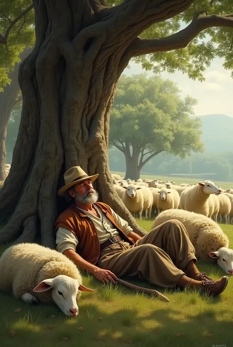 I want to see a realistic photo of a sleeping shepherd near the sheeps at a tree