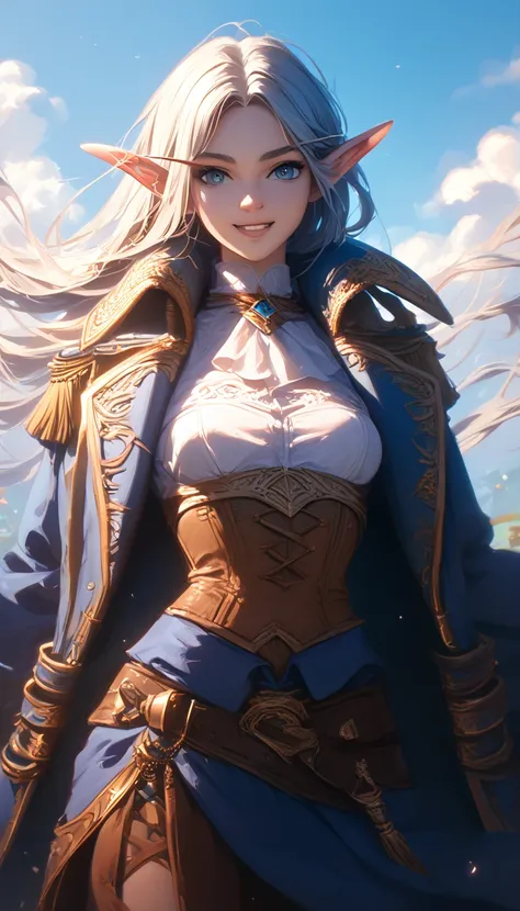 Female elf,with a longsword in the weist, in pirate clothes, with white long hair, smiling in a hero pose with arms open.