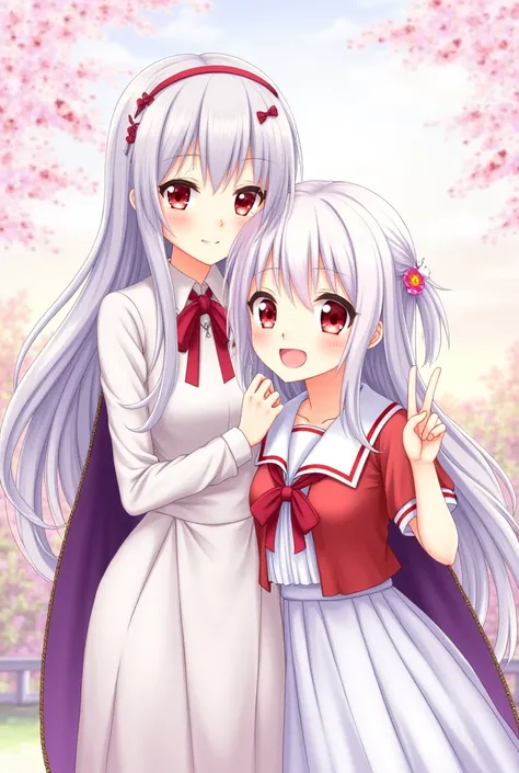 An anime-style illustration featuring two female characters posing closely as best friends, both looking at the camera. The first character (Girl 1) has long, silvery-white hair, a red ribbon, and wears an elegant white dress with red and purple details, a...