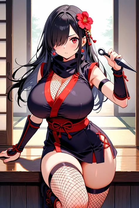 8k,masterpiece, best quality, ultra detailed, high resolution, super fine illustration, 1girl, solo, red eyes, black hair,long hair, hair over one eye, sidelocks,huge breasts, ninja, kunoichi, Japanese clothes, kimono, miniskirt, fishnet thighhighs, boots,...